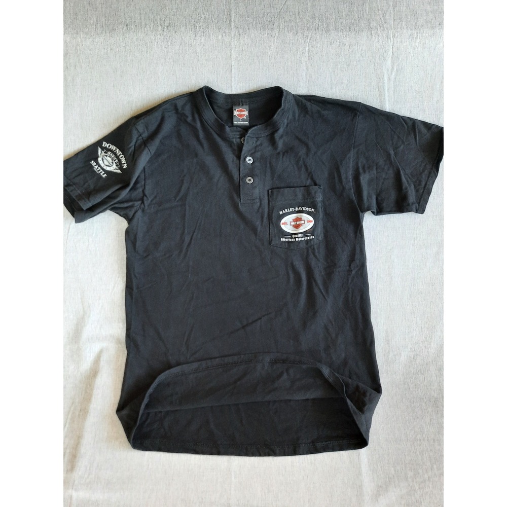 Harley-Davidson Men Large Downtown Seattle Art Logo Pocket Henley T-Shirt SS USA